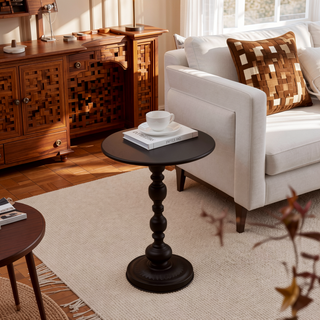 Sunvega Vintage Metal Round Side Table with Retro Pattern Base for Indoor Outdoor Use