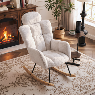 Sunvega Teddy Fabric Rocking Chair with Adjustable Footrest for Living Room
