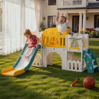 Sunvega 8-in-1 Indoor Toddler Slide Playset with Basketball Hoop and Climber