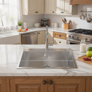 Sunvega 32x19 Inch Overmount Single Bowl Kitchen Sink in Brushed Nickel