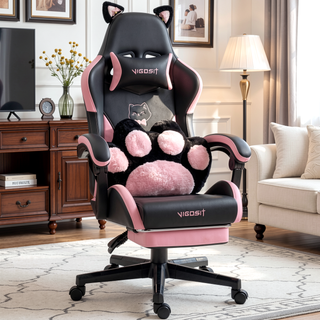 Sunvega Cute Cat Gaming Chair with Paw Lumbar Cushion for Girls and Teens