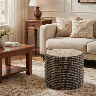 Sunvega Handcrafted Natural and Black Braided Jute Round Pouf with Polystyrene Filling