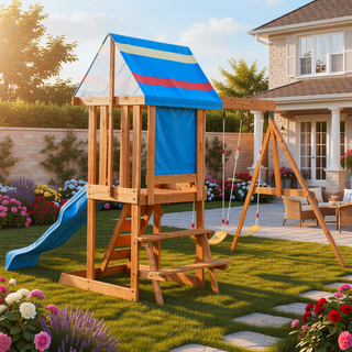 Sunvega Outdoor Wooden Swing Set with Slide, 2 Swings, and Rock Wall Climber