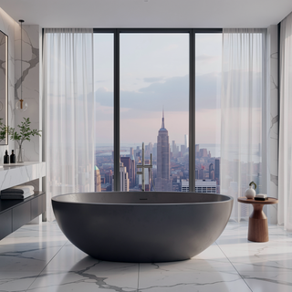 Sunvega Freestanding Matte White Solid Surface Soaking Bathtub for Small Bathrooms