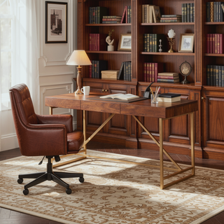 Sunvega Modern Writing Desk with Walnut Brown Top and Unique Gold Metal Legs
