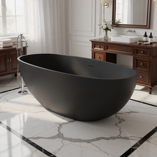 Sunvega Freestanding Matte White Solid Surface Soaking Bathtub for Small Bathrooms