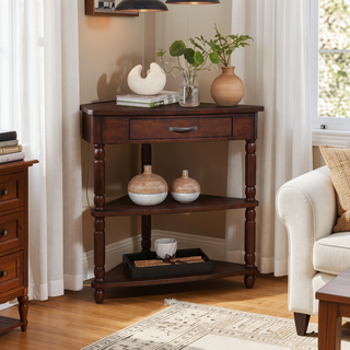 Sunvega Multifunctional 3 Tier Corner Table with Solid Wood Legs for Small Spaces