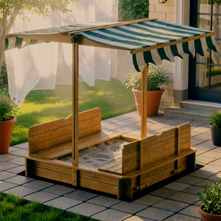 Sunvega Kids Wooden Sandbox with Adjustable Canopy Foldable Bench Seats and Bottom Liner