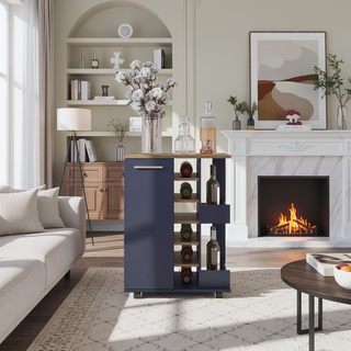 Sunvega Bar Cart with Two External Shelves, Four Locking Casters, and a Single Door Cabinet