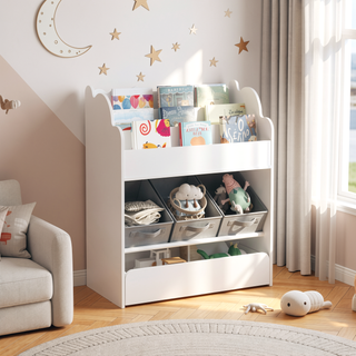 Sunvega White Wooden Kids Bookshelf with Storage Bins and a Drawer for Toys