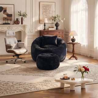 Sunvega Modern Pumpkin Shape Bean Bag Chair with Ottoman for Living Room