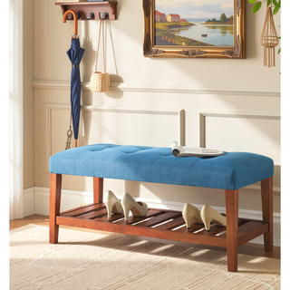 Sunvega Light Blue Fabric Upholstered Tufted Bench with Oak Finish Wooden Legs
