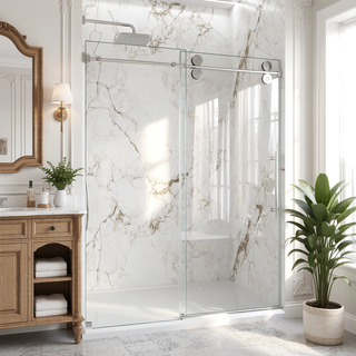 Sunvega Frameless Single Sliding Shower Door with 8mm Tempered Glass and Chrome Finish