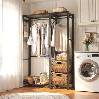 Sunvega Acacia Wood Garment Rack with Shelves 2 Wicker Drawers and 4 Hooks