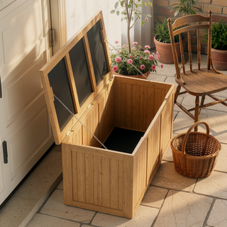 Sunvega 67 Gallon Outdoor Wooden Deck Box with Seat and Table Top