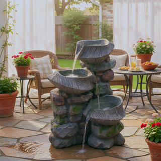 Sunvega 4-Tier Polyresin Cascading Rock Bowl Fountain with LED Light for Indoor Outdoor