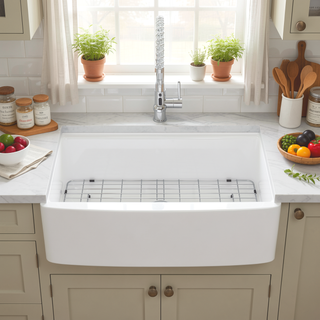 Sunvega 33 Inch White Porcelain Ceramic Farmhouse Kitchen Sink Workstation with Reversible Apron