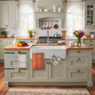 Sunvega 33 Inch White Porcelain Ceramic Farmhouse Kitchen Sink Workstation with Reversible Apron