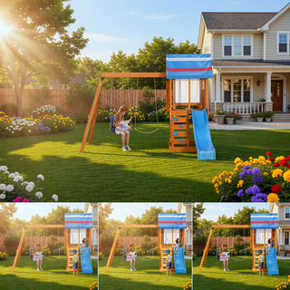 Sunvega Outdoor Wooden Swing Set with Slide, 2 Swings, and Rock Wall Climber
