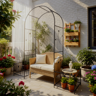 Sunvega Black Metal Garden Arch Trellis with Two Plant Stands for Climbing Plants