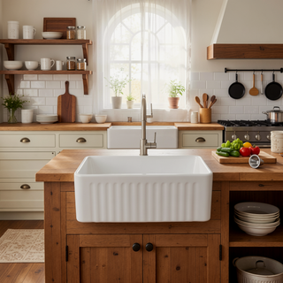 Sunvega 33 Inch White Porcelain Ceramic Farmhouse Kitchen Sink Workstation with Reversible Apron