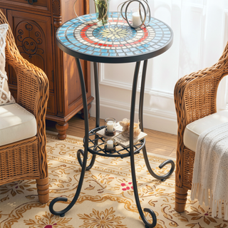 Sunvega Brown and Black Ceramic Side Table with Slatted Shelf for Patio