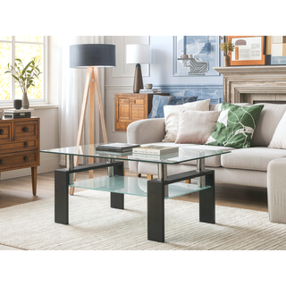 Sunvega Modern Clear Glass Coffee Table with Double Layer Storage for Living Room