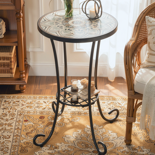 Sunvega Brown and Black Ceramic Side Table with Slatted Shelf for Patio