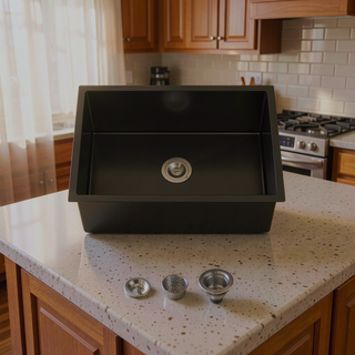 Sunvega 33x19 Inch Black Single Bowl Undermount Kitchen Sink with Drain Grooves