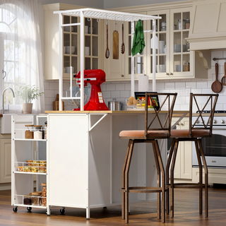 Sunvega White Kitchen Island with Foldable Dining Bar and Large Storage Cabinet