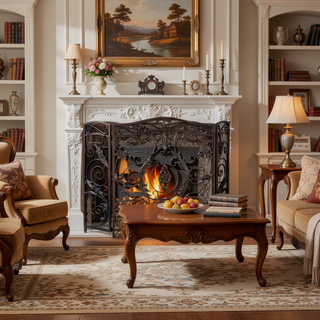 Sunvega Traditional Iron Fireplace Screen with Three-Panel Design and Floral Accents