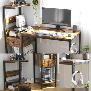 Sunvega Gaming Desk with LED Lights USB Ports Charging Station and Reversible Shelves