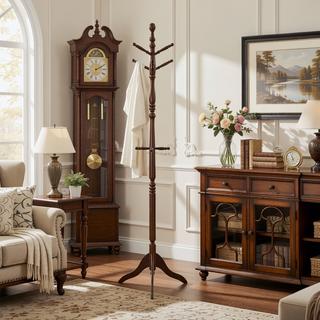 Sunvega Dark Brown Finish 7 Tiers 11 Hooks Solid Wood Coat Rack Stand
