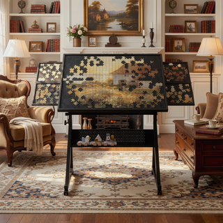 Sunvega Adjustable Height and Angle Puzzle Table with 4 Felt Storage Trays and Wooden Cover