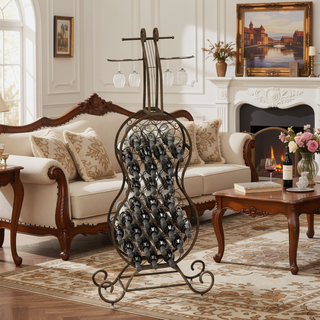 Sunvega Rustic Gold Cello Shape Wine Bakers Rack with Storage for Kitchen and Dining Room
