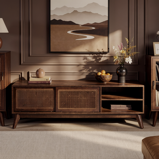 Sunvega Mid Century Modern Rattan Sideboard Cabinet with Adjustable Shelves and Solid Wood Feet