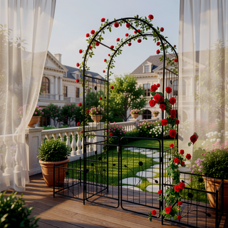 Sunvega Black Metal Garden Arch Trellis with Two Plant Stands for Climbing Plants