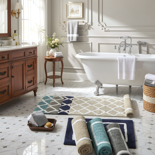 Sunvega Reversible High Pile Tufted Microfiber Bath Rug with Geometric Square and Stripes