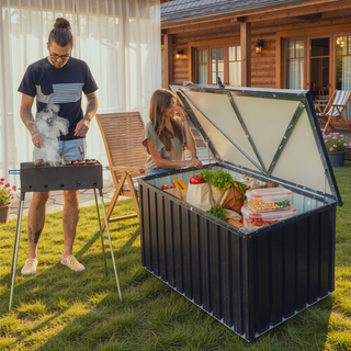 Sunvega Outdoor Metal Storage Box with Wood Texture and Spacious 161-Gallon Capacity