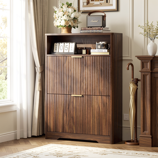 Sunvega Tall Modern Minimalist Shoe Cabinet with Two Flip Drawers and Wave-Patterned Panel