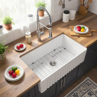 Sunvega 33 Inch White Porcelain Ceramic Farmhouse Kitchen Sink Workstation with Reversible Apron
