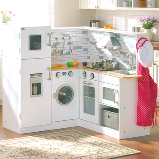 Sunvega Large Wooden Corner Play Kitchen Set with Sound Effects and Tons of Countertop Space