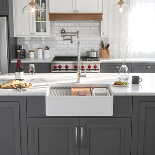 Sunvega 33 Inch White Porcelain Ceramic Farmhouse Kitchen Sink Workstation with Reversible Apron