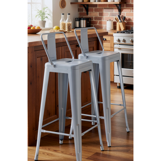 Sunvega Lightweight Industrial Metal Barstools with Bucket Back and Distressed White Finish