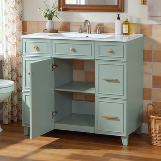 Sunvega 36 inch White Bathroom Vanity with Ceramic Sink and Soft Close Doors