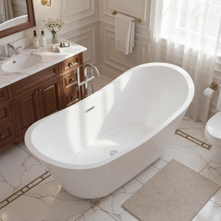 Sunvega 59 Inch Acrylic Freestanding Soaking Tub with Gold Overflow Drain