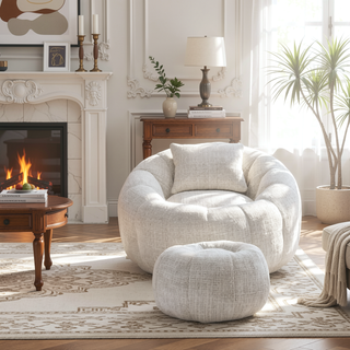 Sunvega Modern Pumpkin Shape Bean Bag Chair with Ottoman for Living Room