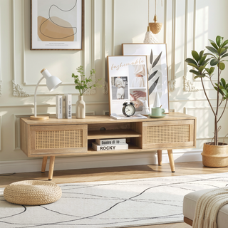 Sunvega Rattan Woven Coffee Table with Sliding Door Storage and Solid Wood Legs