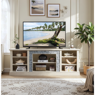 Sunvega 70.12" White Faux Stacked Stone Media Console with Large Storage Cabinet