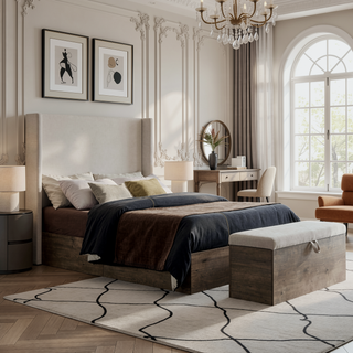 Sunvega Upholstered Wingback Bed with 54 Inch High Headboard in Textured Ivory Canvas Chenille